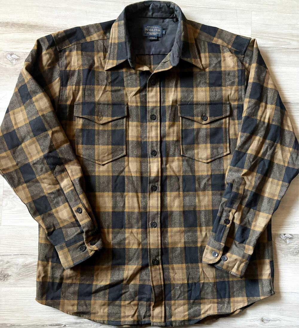 Pendleton 100% Virgin Wool BUFFALO CHECK SCOUT Shirt Olive & Black Men Sz L FLAW